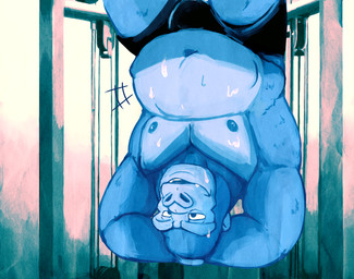 abdominal_bulge anthro belly big_belly bodily_fluids bottomwear bulge clothing exercise fully_inside male male_pred muscular muscular_male same_size_vore shorts sit-up solo sweat vore gutsybeast ape gorilla haplorhine mammal primate