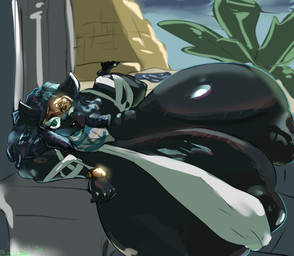 anthro big_breasts big_butt black_body black_fur breasts butt clothing egyptian egyptian_clothing feet female fur huge_breasts huge_butt huge_thighs hyper hyper_breasts pawpads solo thick_thighs wasabiiitornado felid feline mammal hi_res