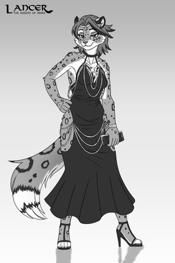 4_toes 5_fingers anthro breasts clothed clothed_anthro clothed_female clothing dress feet female fingers footwear fur hair high_heeled_sandals high_heels hindpaw humanoid_hands markings paws sandals shoes smile solo spots spotted_body spotted_fur tail toes heresy_(artist) hollow_hip_backless_chain_dress lancer:_the_knights_of_fenris ivanna_morozov felid mammal pantherine snow_leopard hi_res monochrome