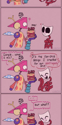 4_panel_comic :3 ambiguous_gender blush blush_lines conjuration dialogue duo female hands_together heart_symbol markings mask mouthless owo pink_background pink_head red_body simple_background smile spots spotted_body text triangle_head white_face white_mask yellow_body norithelord glitch_productions the_amazing_digital_circus gangle_(tadc) zooble_(tadc) animate_inanimate humanoid living_mask living_toy 2026 absurd_res artist_name comic english_text hi_res watermark nonbinary_(lore)