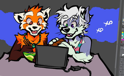 anthro chopsticks duo eating food heterochromia looking_at_computer looking_at_object male male/male noodles power_brick relaxing wear atorwulfu_(artist) atorwulfu_(character) mao_(chirenbo) ailurid canid canine canis mammal red_panda wolf 2025