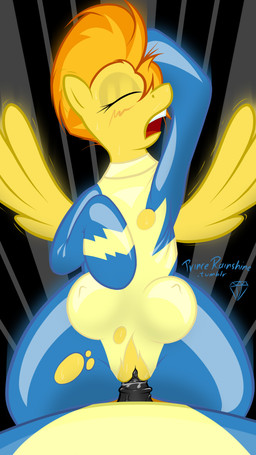 bodily_fluids clitoris clothing cowgirl_position duo erection eyes_closed feathered_wings feathers female feral from_front_position genitals hair male male/female multicolored_hair on_bottom on_top open_mouth penis sex straddling sweat teats text torn_clothing two_tone_hair vulva wings yellow_body yellow_feathers taharon friendship_is_magic hasbro my_little_pony mythology spitfire_(mlp) wonderbolts_(mlp) equid equine mammal mythological_creature mythological_equine pegasus 9:16 absurd_res english_text hi_res