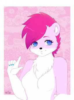 5_fingers anthro arms_bent bangs black_nose blue_eyes blue_fingernails blue_nails blush blush_lines breasts cheek_tuft chest_tuft colored_nails eye_through_hair eyebrow_through_hair eyebrows eyelashes eyelashes_through_hair facial_tuft featureless_breasts female female_anthro fingernails fingers floral_background flower fur gesture hair hand_gesture lidded_eyes light lips medium_breasts multicolored_body multicolored_fur nails no_pupils nude nude_anthro nude_female pink_body pink_eyebrows pink_fur pink_hair pink_lips plant pointing short_hair smile solo text thick_bottom_lip translucent translucent_hair tuft two_tone_body two_tone_fur white_body white_fur white_inner_ear white_sclera shianko hanabi_(samanta_aguilar) canid canine canis domestic_dog mammal shiba_inu spitz 2017 artist_name colored digital_drawing_(artwork) digital_media_(artwork) english_description half-length_portrait hi_res lighting portrait