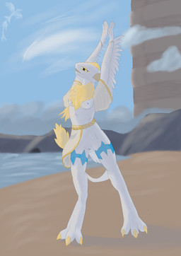 anthro armwear beach biped blonde_hair blue_nipples blue_vulva bottomwear bracelet breasts claws clothing cloud detailed_background feathered_arms feathers female female_anthro fur genitals hair jewelry loincloth long_hair looking_at_viewer megastructure neck_tuft nipples nuaros_(gev_ai) posed small_breasts solo tail tuft vulva white_body white_fur yellow_claws yellow_eyes gev_ai mythology background_character demigod dragon feathered_dragon feathered_scalie mythological_creature mythological_scalie scalie absurd_res hi_res