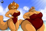 anthro beach belly big_belly big_breasts blue_eyes breasts clothing cloud duo female fur green_eyes hair huge_breasts huge_hips light obese obese_anthro obese_female one-piece_swimsuit orange_body orange_fur orange_hair overweight overweight_anthro overweight_female red_one-piece_swimsuit seaside sky sunlight swimwear tail wide_hips chrisandcompany daryl_vecat neve_vecat domestic_cat felid feline felis mammal digital_drawing_(artwork) digital_media_(artwork) hi_res watermark sibling_(lore) sister_(lore) sisters_(lore)