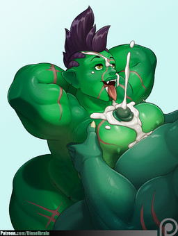 areola biceps big_breasts bodily_fluids breast_play breasts cum cum_on_chest cum_on_face cumshot duo ejaculation erection faceless_character faceless_male fangs female foreskin genital_fluids genitals glans glistening glistening_body green_body green_skin huge_breasts humanoid_genitalia humanoid_penis male male/female mohawk muscular muscular_female not_furry nude orgasm patreon_logo penis scar sex teeth text titfuck tongue tongue_out website_logo dieselbrain patreon humanoid orc english_text url
