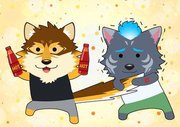 anthro black_body black_fur blue_fire chibi colored_fire countershading cross-popping_vein duo fire flaming_hair flaming_mane food fur hot_sauce humor male nervous pseudo_hair pseudo_mane xxg3jhv8teo4vnd lifewonders live_a_hero barrel_(live_a_hero) furlong_(live_a_hero) canid canine canis hyena mammal wolf absurd_res hi_res