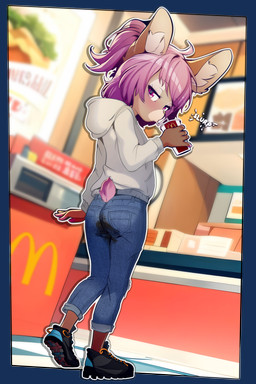 5_fingers anthro biped blue_bottomwear blue_clothing blue_jeans blue_pants bodily_fluids bottomwear clothed clothing container cup denim denim_bottomwear denim_clothing detailed_background drinking drinking_straw exhibitionism eyebrows eyelashes fast_food_restaurant feces feces_stain female fingers footwear fully_clothed fur genital_fluids hair holding_container holding_cup holding_object hoodie humanoid_hands inner_ear_fluff jeans logo looking_at_viewer looking_back looking_back_at_viewer medium_hair nub_tail pants peeing peeing_on_self plantigrade public public_peeing puckered_lips restaurant scatplay shoes slim slim_anthro slim_female sneakers soiled_bottomwear soiling soiling_bottomwear solo topwear tuft urine urine_on_self watersports wet wet_bottomwear wet_clothing wetting wetting_bottomwear young young_anthro young_female ai_assisted ai_generated_background sicmop mcdonald's henryka_(hendric) domestic_rabbit dwarf_rabbit lagomorph leporid mammal oryctolagus rabbit 2024 2:3 absurd_res alpha_channel digital_media_(artwork) hi_res