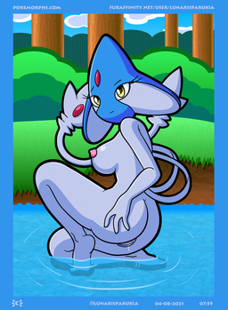 2_tails big_breasts bodily_fluids breasts butt feet female genital_fluids genitals kneeling looking_at_viewer multi_tail nipples nude outside partially_submerged pokemorph solo tail text vaginal_fluids vulva yellow_eyes lunaris_parukia nintendo pokemon azelf generation_4_pokemon humanoid legendary_pokemon pokemon_(species) 2021 absurd_res digital_media_(artwork) hi_res url