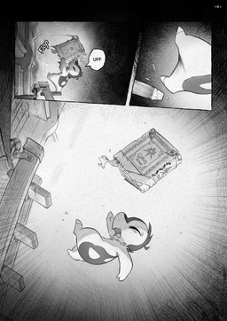 ambiguous_gender book bookshelf dialogue eyes_closed falling feral furniture inside ladder library open_mouth snout solo speech_bubble text spacejunk nintendo pokemon pokemon_mystery_dungeon spike_chunsoft lito_(spacejunk) cyndaquil generation_2_pokemon pokemon_(species) absurd_res comic english_text greyscale hi_res monochrome shaded