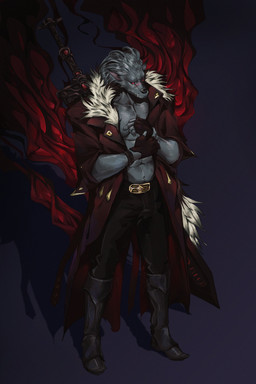 anthro boots clothing coat fangs fingerless_gloves footwear gloves handwear male melee_weapon red_eyes red_smoke scar shirtless shoes smoke solo sword teeth topwear trenchcoat weapon eruprior elden_ring fromsoftware blaidd_(elden_ring) canid canine canis mammal wolf 2:3 absurd_res hi_res