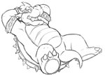 anthro armband bodily_fluids bracelet hands_behind_head jewelry male open_mouth overweight overweight_anthro overweight_male simple_background slightly_chubby solo spiked_armband spiked_bracelet spikes sweat teeth_showing tongue_showing white_background matsutzu thegreatmatsutzu mario_bros nintendo bowser scalie black_and_white monochrome sketch