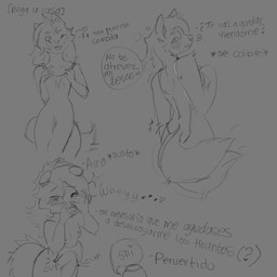 2_tails anthro attention bangs blush breasts clothing coquette dress ears_down female front_view happy_dog imminent_sex multi_tail pivoted_ears playful rear_view simple_background solo tail text walking wife kadeki kadeki_(character) canid canine canis domestic_dog husky hybrid mammal maned_wolf nordic_sled_dog spitz wolf 1:1 absurd_res digital_drawing_(artwork) digital_media_(artwork) hi_res monochrome preview sketch_page story unfinished