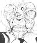 anthro bodily_fluids convenient_censorship drooling fur hair looking_at_viewer male muscular muscular_anthro muscular_male open_mouth saliva solo spread_legs spreading dangpa one_piece pedro_of_the_treetops felid mammal minkmen_(one_piece) pantherine tiger hi_res monochrome sketch