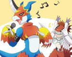 anthro armor bad_singing blue_body covering covering_ears duo male singing visor thatsquirrelly bandai_namco digimon digimon_(species) flamedramon silphymon hi_res