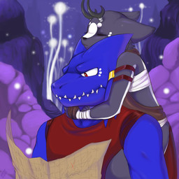 anthro clothed clothing duo eyes_closed female fur horn male map purple_body purple_fur red_eyes teeth pollo-chan aquatic canid canine deer fish fox hybrid mammal shark 1:1 digital_media_(artwork) half-length_portrait portrait shaded