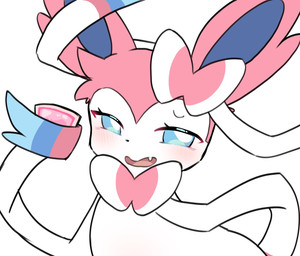ambiguous_feral ambiguous_gender blue_eyes blue_inner_ear blush blush_lines bow_ribbon condom fangs feral fur half-closed_eyes holding_object markings multicolored_bow multicolored_ears multicolored_ribbon narrowed_eyes open_mouth pink_body pink_ears pink_fur sexual_barrier_device simple_background solo teeth white_background white_body yakiniku628 nintendo pokemon eeveelution generation_6_pokemon pokemon_(species) sylveon 2026 colored half-length_portrait portrait