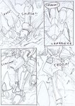 battle black_and_white comic cracks destroyed_vehicle floor_cracks floor_damage kitfox-crimson machine mecha monochrome onomatopoeia rolling screaming sketch smash_(disambiguation) sound_effects speech_bubble stab star_symbol stepping stolen_generation text zero_pictured