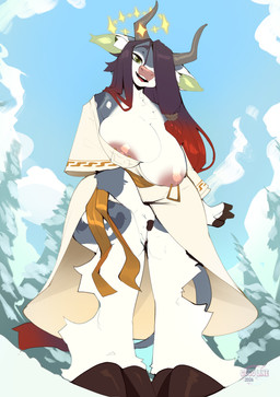 anthro areola big_breasts biped breasts clothed clothed_anthro clothed_female clothing countershade_torso countershading day female female_anthro fingers front_view fur hair hooves horn huge_breasts looking_at_viewer nipples outside piercing sky smile solo standing tail teeth tongue cocoline_(artist) bovid bovine cattle mammal 2026 absurd_res digital_drawing_(artwork) digital_media_(artwork) hi_res