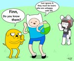 2020 adventure_time annoyed anthro backpack bottomwear brother_(lore) brothers_(lore) brown_hair canid canine canis cartoon_network clothed clothing dialogue domestic_dog english_text felid finn_the_human footwear grass group hair hat headgear headwear hi_res human jake_the_dog male mammal outside plant question_mark ranged_weapon shirt shoes shorts sibling_(lore) standing text tony_(tonytoran) tonytoran topwear weapon white_body