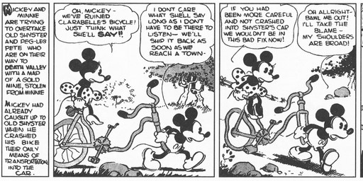 anthro bicycle bottomwear clothed clothing dialogue duo female fingers footwear gloves handwear high_heels male male/female open_mouth outside plant raining rock shoes sitting tail text tree vehicle walking floyd_gottfredson disney public_domain mickey_mouse minnie_mouse mammal mouse murid murine rodent 1930 20th_century absurd_res ancient_art black_and_white dated english_text hi_res monochrome signature