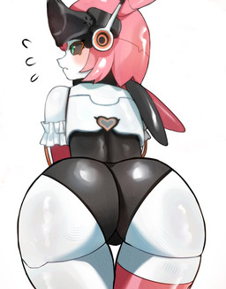 antenna_wire big_butt black_body black_sclera blush blush_lines butt clothing emanata female frilly frilly_clothing frilly_gloves gloves green_eyes hair handwear heart_symbol legwear looking_away machine metallic_hair multicolored_body pigtails pink_clothing pink_gloves pink_hair pink_handwear pink_legwear pink_thigh_highs pseudo_hair rear_view simple_background solo thick_thighs thigh_highs white_background white_body sakatomo mihoyo zenless_zone_zero aria_(zenless_zone_zero) humanoid robot robot_humanoid 2026 hi_res