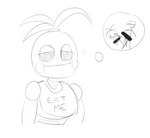 anthro bib censor_bar female machine smile solo stick_figure text thinking thoughtful_expression vacant_stare jcfireescape five_nights_at_freddy's five_nights_at_freddy's_2 scottgames toy_chica_(fnaf) animatronic avian bird chicken galliform gallus_(genus) phasianid robot 2021 censored english_text monochrome