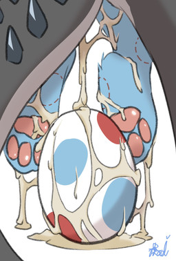 ambiguous_fluids ambiguous_gender barefoot bite_mark blue_body blue_fur duo egg emoji_description feet fur oviposition pawpads soles spiked_tail spikes spikes_(anatomy) tail white_back young young_ambiguous noyamaaoi 2026 hi_res signature