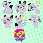 abstract_background angry black_markings blue_eyes blush bodily_fluids confusion emote emote_set emotion_chart fluffy fur green_nose grey_body grey_fur markings owo smile smirk solo star sticker sticker_pack sweat worried worried_look cawbaret kiri canid canine fox mammal 2023 hi_res