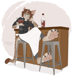 alcohol anthro apron beverage chef_uniform claws clothing cocktail cocktail_glass container cup drinking_glass feet foot_focus glass glass_container glass_cup male pawpads paws smug_face solo toe_claws whiskey strawbear kio_(aqualotic) domestic_cat felid feline felis mammal hi_res
