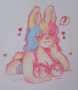 3_fingers anthro areola arm_support arms_bent big_breasts blonde_hair blue_hair blush blush_lines breasts carrot closed_smile clothed clothed_anthro clothed_female clothing ear_tuft eyebrow_through_hair eyebrows eyelashes eyes_closed female female_anthro fingers food fur grey_background hair handpaw hearts_around_body leaning_on_elbow lingerie long_ears long_hair lying mouth_closed multicolored_hair nipples on_front orange_inner_ear outline paws pink_areola pink_clothing pink_hair pink_lingerie pink_nipples pink_shirt pink_tank_top pink_topwear plant red_clothing red_nose red_outline red_underwear scut_tail shirt short_tail simple_background smile solo speech_bubble tail tank_top topwear translucent translucent_clothing translucent_hair translucent_shirt translucent_tank_top translucent_topwear tuft underwear vegetable wavy_hair yellow_body yellow_fur yellow_tail suzeart bunny_(suzeart) lagomorph leporid mammal rabbit 2024 colored colored_pencil_(artwork) english_description hi_res shaded traditional_media_(artwork)