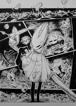 2_horns 5_panel_comic ambiguous_gender angry anthro biped black_arms black_eyes black_legs cloak clothed clothing cross-popping_vein feral fingers flying group holding_melee_weapon holding_object holding_weapon horn melee_weapon solo_focus standing weapon wet white_eyes wings sharpski hollow_knight:_silksong hollow_knight_(franchise) inktober team_cherry hornet_(hollow_knight) arthropod insect larva maggot stilkin swamp_squit 2025 absurd_res comic hi_res monochrome female_(lore)