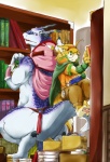 anthro book cape clothed clothing crouching detailed_background duo eyewear glasses green_eyes holding_book holding_object inside librarian library lifting male pawpads paws pince-nez pink_pawpads purple_eyes shelf sitting size_difference tail teamwork suruga mythology canid canine canis domestic_dog dragon mammal mythological_creature mythological_scalie scalie