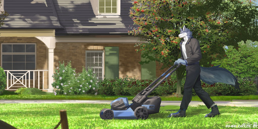 anthro black_bottomwear black_clothing black_footwear black_jacket black_pants black_shoes black_topwear blue_eyes bottomwear building clothed clothing footwear fur grass grey_body grey_fur house jacket lawn_mower male male_anthro mouth_closed open_clothing open_jacket open_topwear outside pants plant shoes side_view solo topwear tree vernacular_architecture walking white_body white_clothing white_fur white_topwear awaldkize canid canine mammal 2024 absurd_res hi_res