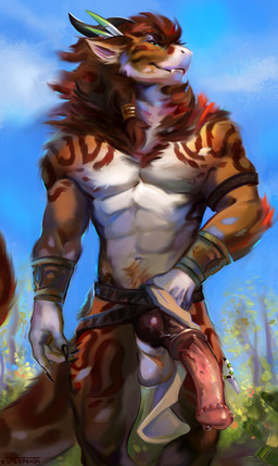 abs animal_genitalia animal_penis anthro balls belt big_penis biped blue_eyes bodily_fluids bottomwear bottomwear_aside bracelet claws clothed clothing clothing_aside day detailed_background equine_genitalia equine_penis exhibitionism fangs finger_claws fingers forest fur genital_fluids genitals hair half-erect horn huge_penis humanoid_hands hybrid_genitalia hybrid_penis jewelry knot knotted_equine_penis knotted_penis loincloth loincloth_aside loincloth_only long_penis looking_at_viewer male male_anthro multicolored_body multicolored_hair muscular muscular_anthro muscular_male narrowed_eyes nature navel nipples orange_body orange_fur outside pecs penis plant precum presenting pubes seductive sheath sky smile solo standing tail teeth topless tree tribal tuft underwear white_body white_fur esperpenta mythology alcepiade dragon felkin furred_dragon furred_scalie mythological_creature mythological_scalie scalie wingless_dragon hi_res