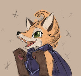 anthro cloak clothing countershade_face countershading eyelashes fangs female fist fur gloves_(marking) green_eyes happy markings orange_body orange_fur sharp_teeth smile solo teeth chamma_retsuden dungeons_of_aether rivals_of_aether fleet_(dungeons_of_aether) canid canine fox mammal 2026 digital_drawing_(artwork) digital_media_(artwork) hi_res reaction_image sketch