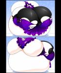 2016 5:6 anthro belly big_belly big_breasts big_butt black_body black_border black_fur black_hair blush border bovid bovine breasts butt cattle clothed clothing comic english_text female flittermilk fur hair hazel_(flittermilk) heart_nipples hi_res horn huge_belly huge_breasts huge_butt hyper hyper_belly hyper_breasts hyper_butt hyper_pregnancy long_hair lying_on_self mammal mismatched_nipples moozel multi_breast multicolored_hair nipples pregnant resting_on_belly solo text torn_clothing white_body white_fur white_hair white_nipples