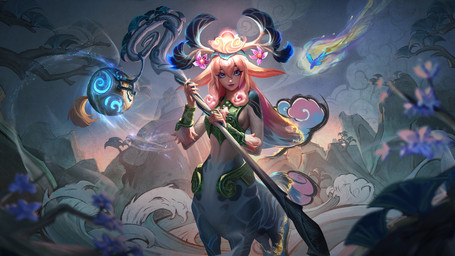 armor blue_eyes breasts clothing cloud detailed_background female flower front_view green_clothing hair holding_object holding_staff looking_at_viewer mountain night outside pink_hair plant smile solo staff star tail tree water kevin_glint league_of_legends riot_games tencent lillia_(lol) deer deer_taur humanoid_taur mammal mammal_taur taur 16:9 digital_media_(artwork) hi_res widescreen