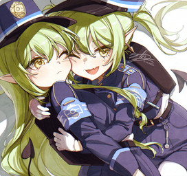backpack belt blue_bottomwear blue_clothing blue_hat blue_headwear blue_shirt blue_shorts blue_topwear bottomwear clothing cute_fangs duo ear_piercing ear_ring face_to_face fangs female gloves green_hair hair hair_between_eyes handwear hat headgear headwear heart_tail hug hugging_another long_hair one_eye_closed open_mouth piercing pointy_ears prick_ears ring_piercing shirt shorts tail teeth topwear whistle_(object) white_clothing white_gloves white_handwear white_shirt white_topwear yellow_eyes young young_female young_humanoid sw_haze blue_archive nexon hikari_(blue_archive) nozomi_(blue_archive) demon demon_humanoid humanoid tailed_humanoid absurd_res hi_res signature