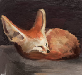 ambiguous_gender big_ears eyes_closed feral fur lying on_front orange_body orange_fur solo lemgrum canid canine fennec_fox fox mammal true_fox hi_res oil_painting_(artwork) painting_(artwork) traditional_media_(artwork) traditional_painting_(artwork)