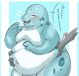 anthro belly belly_grab blue_body blush duo fupa grope male male/male markings moobs navel nude overweight spots spotted_body text chibanyann beastars legoshi_(beastars) sagwuan_(beastars) mammal marine pinniped seal hi_res japanese_text
