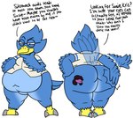 after_vore anthro anthro_pred beak big_butt blue_body blue_feathers bottomless bottomless_male butt butt_focus butt_slap clothed clothing digestion eyewear fatal_vore feathers female female_prey glasses huge_hips huge_thighs male male_pred obese obese_male overweight overweight_male slap smacking_ass smile smirk tattooification text thick_thighs tight_clothing vore vore_tattoo wide_hips southparkfans111 deltarune undertale_(series) berdly susie_(deltarune) avian bird digital_media_(artwork) english_text