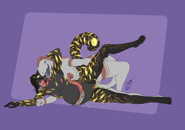 andromorph anthro belly belly_mouth big_belly bodily_fluids breast_lick breast_play breasts duo eye_roll eyeless from_behind_position genitals gynomorph holding_leg inflation intersex intersex/intersex licking licking_tongue long_tongue looking_pleasured lying on_side open_mouth ovipositor penetration prehensile_tongue sex speed_lines spread_legs spreading stomach_maw sweat tail tail_fetish tail_in_vagina tail_insertion tail_ovipositor tail_play tail_sex tattoo teeth tongue tongue_out vaginal vaginal_penetration vulva munsu89 jahzara demon felid leopard mammal pantherine absurd_res hi_res