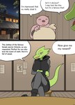 anthro crossed_legs dialogue eyebrows female raised_eyebrow smug smug_face text thief bluebirdoasis veronica_(bluebirdoasis) domestic_pig lizard mammal reptile scalie suid suina sus_(pig) absurd_res hi_res translated