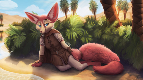 anthro bedroom_eyes blue_eyes cheek_tuft clothed clothing desert facial_tuft female fluffy fluffy_tail fur half-closed_eyes inner_ear_fluff looking_at_viewer markings narrowed_eyes oasis outside palm_tree pink_body pink_fur plant rim_light seductive sitting sitting_on_ground smile smug smug_face solo tail tan_body tan_fur tree tuft water vm94 sera_(vm94) canid canine fennec_fox fox mammal true_fox 16:9 2026 absurd_res digital_media_(artwork) digital_painting_(artwork) hi_res painting_(artwork) shaded widescreen