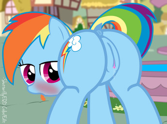 anus blue_body blue_fur blush bodily_fluids butt clitoris dock_(anatomy) female feral fur genital_fluids genitals hair multicolored_hair multicolored_tail outside puffy_anus rainbow_hair rainbow_tail solo tail tongue tongue_out vaginal_fluids vulva wet shutterflyeqd friendship_is_magic hasbro my_little_pony rainbow_dash_(mlp) equid equine horse mammal pony 2015 hi_res