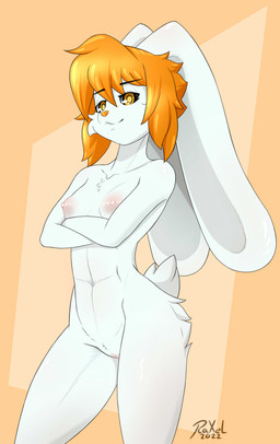 anthro areola arm_under_breasts big_ears biped black_eyebrows breasts clitoral_hood clitoris closed_smile crossed_arms eyebrow_through_hair eyebrows female female_anthro front_view fur genitals hair hip_tuft long_ears looking_at_viewer monotone_body monotone_fur monotone_hair mouth_closed navel nipples nude nude_anthro nude_female orange_eyes orange_hair orange_nose pink_areola pink_clitoral_hood pink_clitoris pink_nipples pink_vulva pose pupils short_hair short_tail simple_background slim slim_anthro slim_female small_breasts smile smiling_at_viewer solo standing tail tan_background text three-quarter_view translucent translucent_hair tuft vulva white_body white_fur white_tuft yellow_pupils raxel derby_(mrbuttonboi) lagomorph leporid mammal rabbit 2022 absurd_res artist_name dated english_description hi_res pinup portrait three-quarter_portrait