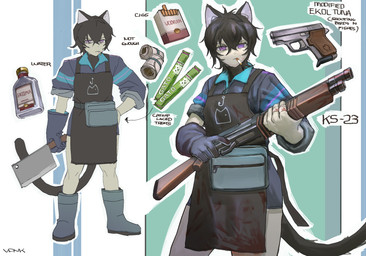 ambiguous_gender ambiguous_humanoid apron black_apron black_clothing black_hair black_tail blue_clothing blue_gloves blue_handwear blue_shirt blue_topwear cigarette cigarette_in_mouth cleaver_(knife) clothing cutlery gloves gun hair handgun handwear holding_gun holding_knife holding_object holding_ranged_weapon holding_shotgun holding_weapon kitchen_knife kitchen_utensils knife ks-23 looking_at_viewer object_in_mouth pistol purple_eyes ranged_weapon shirt shotgun solo standing tail text tools topwear weapon vodnik animal_humanoid cat_humanoid felid felid_humanoid feline feline_humanoid humanoid mammal mammal_humanoid 2025 absurd_res english_text hi_res model_sheet signature
