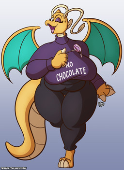 anthro big_breasts bottomwear breasts cake clothed clothing cutlery dessert eyeshadow female food fork huge_breasts kitchen_utensils lipstick looking_at_viewer makeup mature_female pants smile solo sweater tools topwear walking wings sketchybug nintendo pokemon puff_the_dragonite dragonite generation_1_pokemon pokemon_(species) hi_res