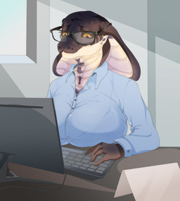 anthro big_breasts blue_clothing blue_shirt blue_topwear breasts brown_body clothed clothing collared_shirt day detailed_background electronics eyewear female fully_clothed glasses huge_breasts inside keyboard looking_down monitor office office_des shirt solo three-quarter_view topwear yellow_eyes snorlaxk cobra reptile scalie snake absurd_res digital_media_(artwork) digital_painting_(artwork) hi_res painting_(artwork) shaded simple_shading